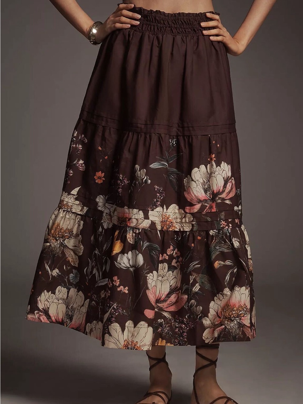 Anthropologie Dark Brown Floral Tiered Maxi Skirt